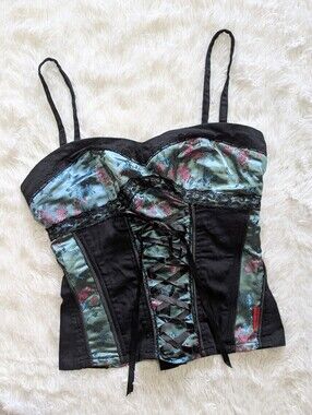 Y2K Vintage Tripp NYC Teal Floral Satin Lace Up Gothic Corset Top Size Large